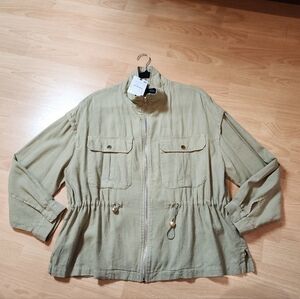 NWT Linen Blend Tan Khaki Zip Jacket Drawstring Small Relaxed Oversized
